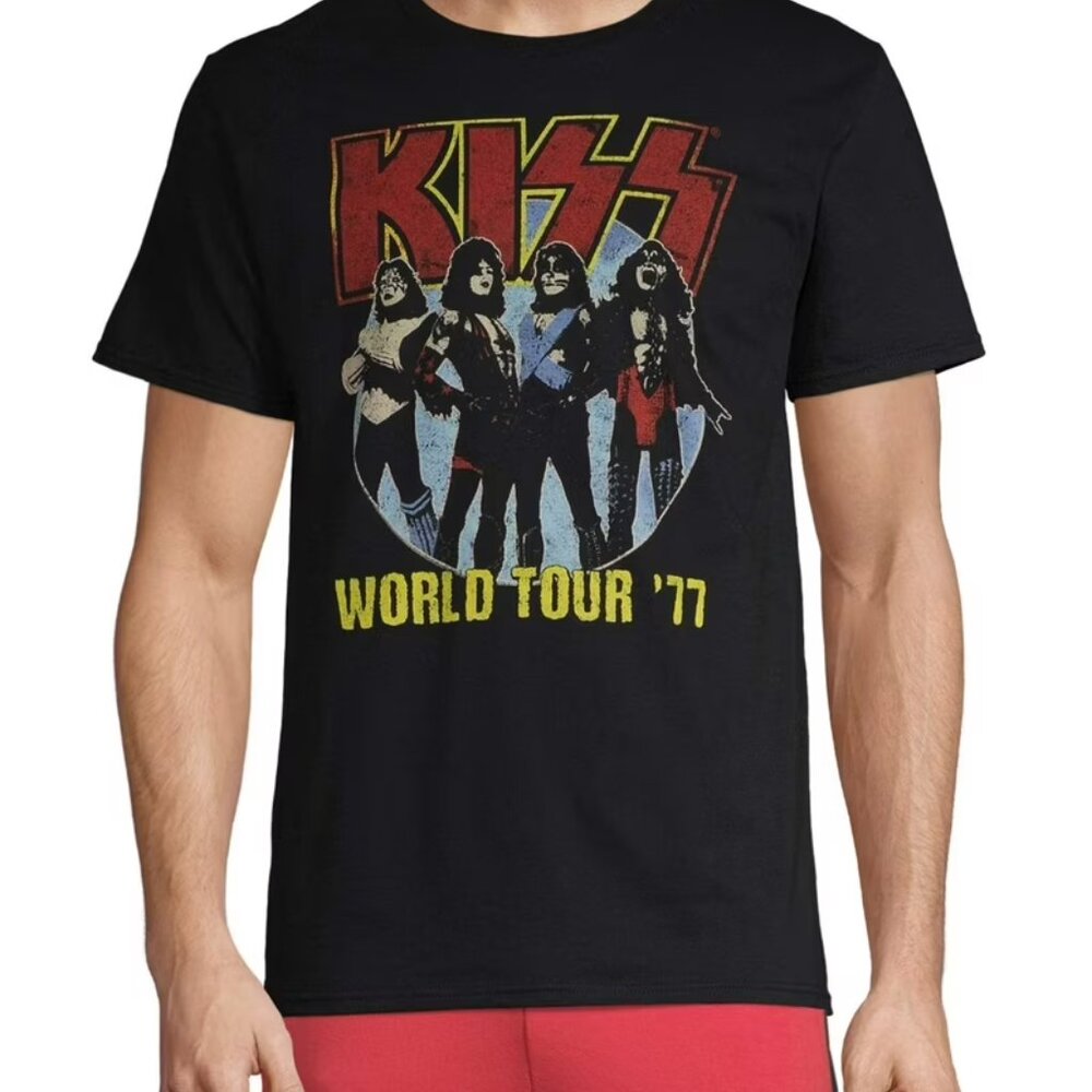 Kiss Band 1977 World Tour Vintage Style T-Shirt Black Rock Music Men's Sz 2XL